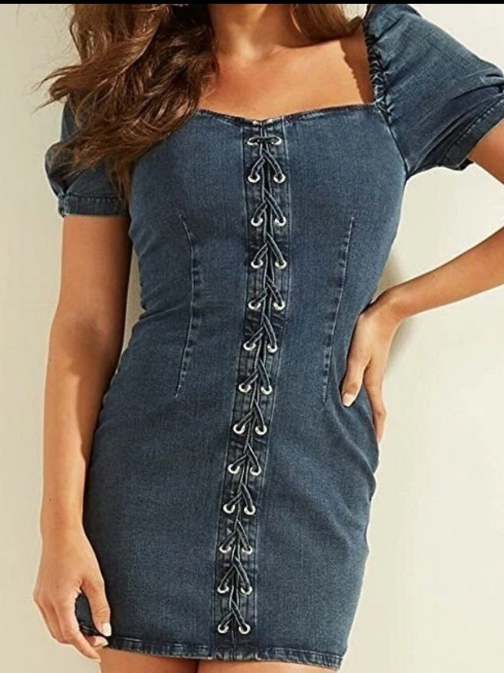 Guess Denim Lace-Up Puff Sleeve Mini Dress - Dark Blue